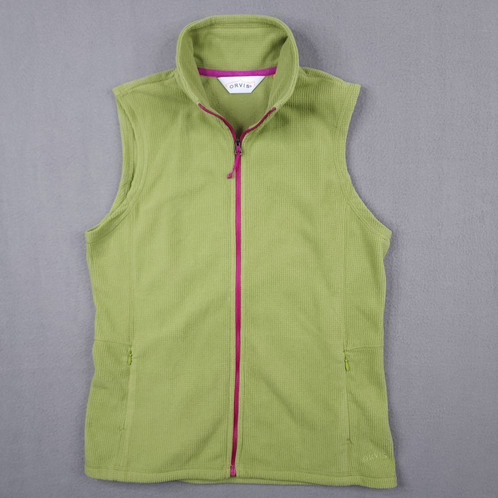 Orvis Womens XS Green Waffle Knit Fleece Full Zip Sleeveless Vest Pink Trim Zip